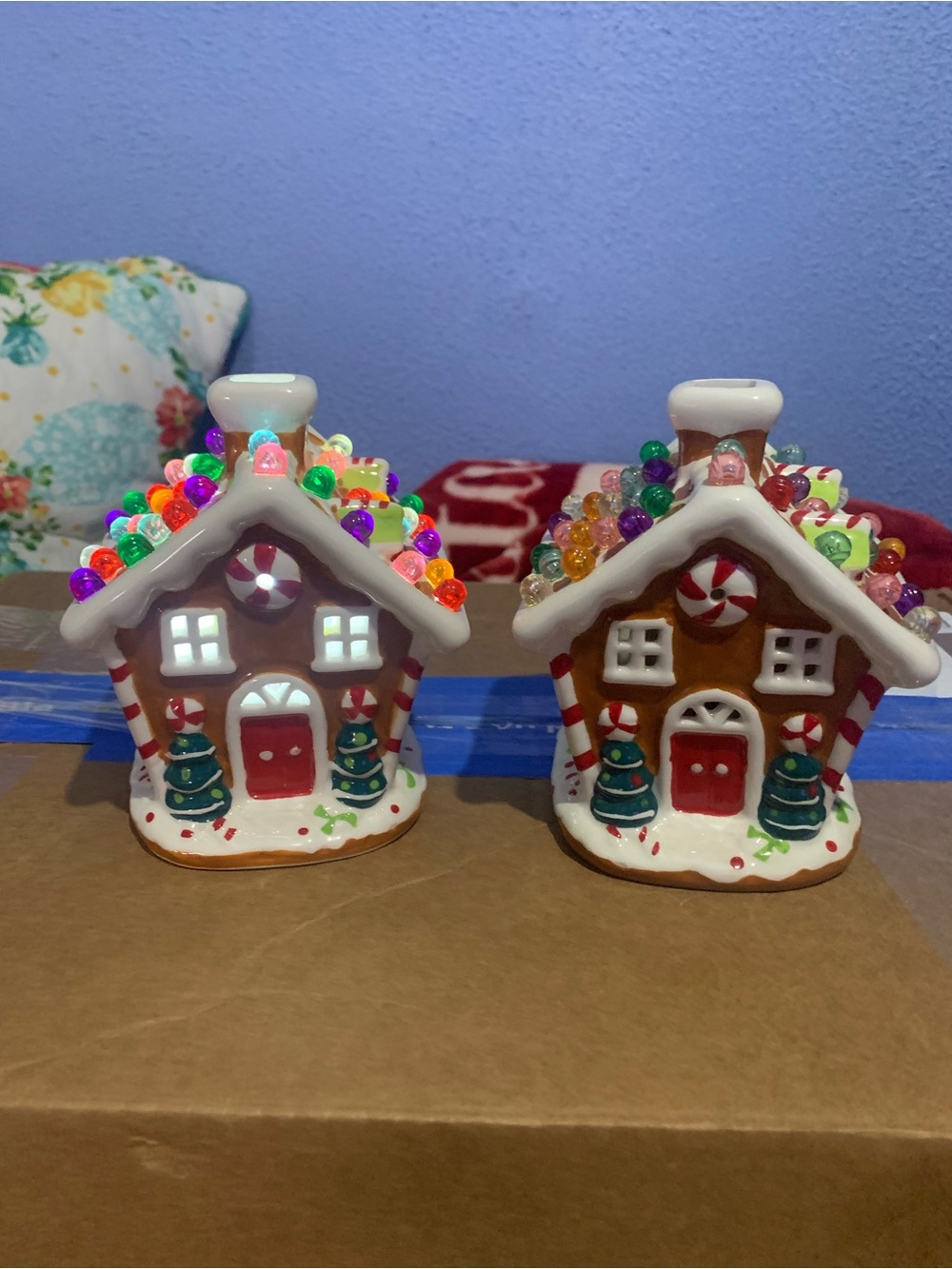 Two Ceramic Light Up Gingerbread Houses Christmas Decorations
